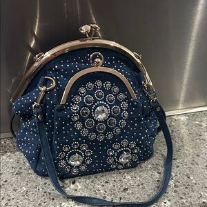 Embellished Navy Shoulder Bag with Crystal Accents